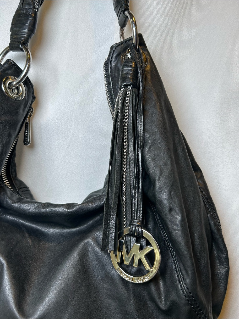 Michael Kors Black Leather Slouchy Hobo Shoulder Bag Tassel Silver Chain Detail